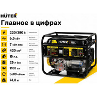 Генератор бензиновый HUTER DY8000LX-3, 6.5 кВт, 64/1/28, электростартер